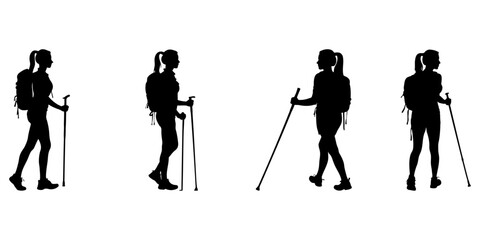 Naklejka premium Women hikers walking poses vector set for fitness app branding trail running marketing and active lifestyle campaign visuals