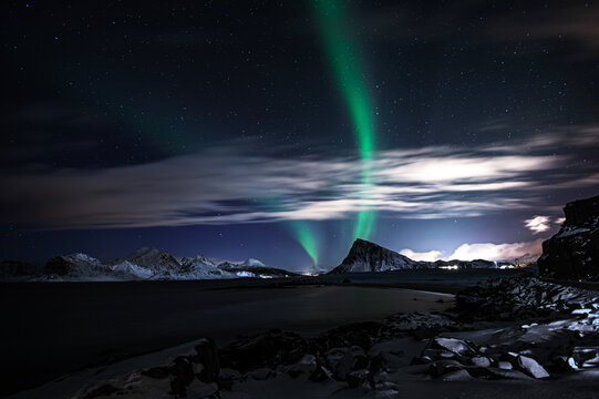 Arora borealis, also known as "The green Dragon" on sky in Lofoen islands, northern Norway