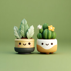 Happy Cartoon Plant Pots on Green Background