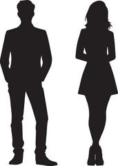 Man and woman standing pose silhouette black full body isolated on white background