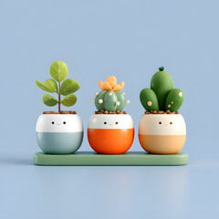 Cute Cactus and Leafy Plants in Smiling Pots