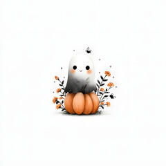 Cute Little Ghost Sitting on Pumpkin with Flowers
