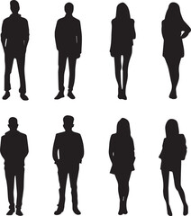 Man and woman standing pose silhouette black full body isolated on white background