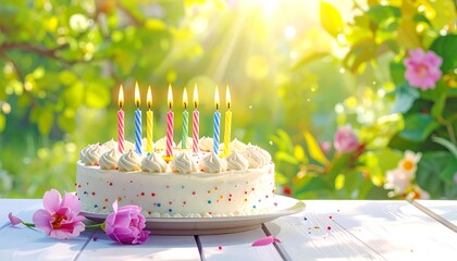 A frosted white cake with colorful candles on a plate, set on a white wooden table outdoors with flowers