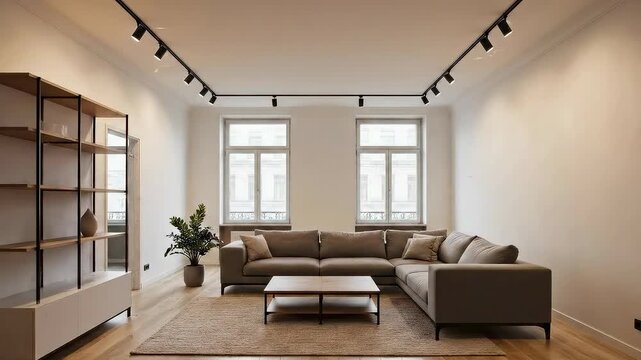 Time lapse shows a room renovation from peeling walls and a cracked ceiling to a living room with sofa, shelving, and ceiling lighting. Concept of renovation and real estate.