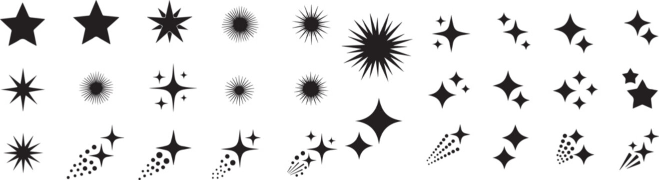 Star sparkle icon set with burst style symbols and shining effects, clean vector illustration eps