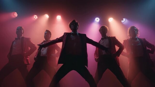 Men's group disco party dancers having a good time. Retro artists, dressed in velvet coats and bow ties, execute coordinated routines under vibrant stage lights.