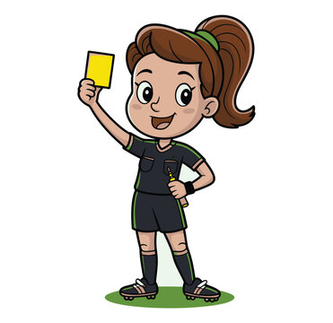Energetic female referee shows a yellow card on the field during a game