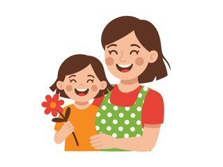 Fototapeta premium A happy mother and daughter smiling together with a flower