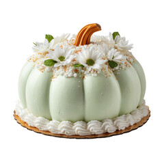 Elegant pale green gourd-shaped cake with white blossoms, sprinkles, and a pastry base