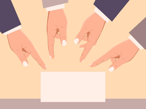Drawing illustration of four hands pointing in direction, expressing the idea of ​​unanimity.