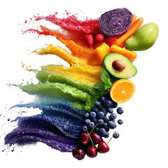 Vibrant rainbow of fresh produce and colored splashes promoting health and nutrition
