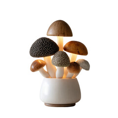 Cozy fungi lamp varied textured mushroom caps glow warmly from white stems in a ceramic base