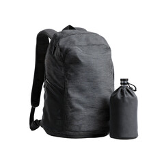 Dark grey textured backpack with black straps, standing beside a fabric-covered flask