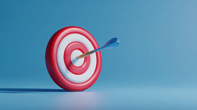 A red and white target with a blue dart, on a plain blue background, symbolizing accuracy