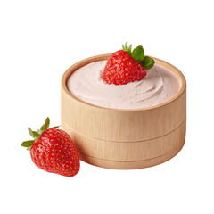 Smooth pink strawberry cream dessert in a light wooden bowl, with two ripe strawberries and a leaf