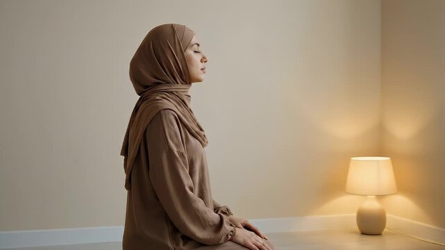 Woman wearing hijab standing in a serene indoor environment with soft lighting from a table lamp
