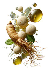 Ginseng root, golden liquid, foamy spheres, and fresh mint leaves burst dynamically on black