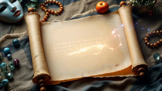 Ethereal light magically writing a mystical text on an antique parchment scroll