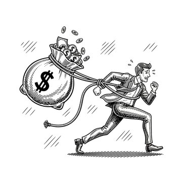A businessman runs with a large sack of money spilling cash, illustration of financial success