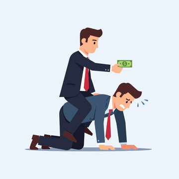 Man in suit bribing another man on his knees, depicting corruption and dishonesty in a professional setting illustration