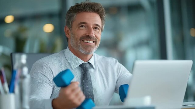 A businessman combines work with exercise while sitting at his desk, smiling, clutching a blue dumbbell, and working out his arm while staring at his laptop screen.