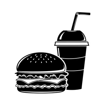 A black and white illustration of a burger and drink on a plain background from a straightforward viewpoint