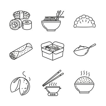 Assorted Asian cuisine icons featuring various dishes and utensils in a minimalist line art style