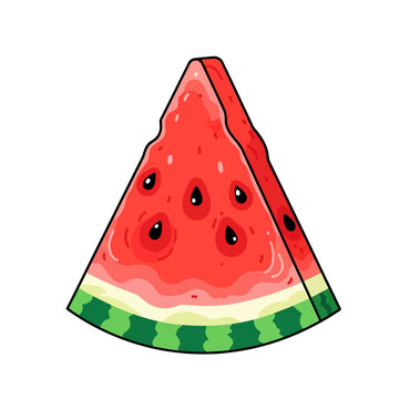 A slice of watermelon with seeds and rind, viewed from the front, on a white background, in a colorful illustration style