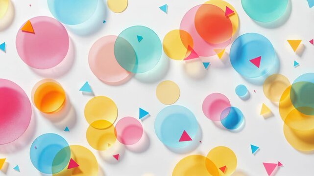 Multicolored circles and triangles moving and overlapping on a clean white background