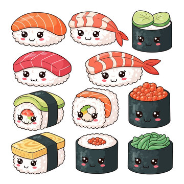 Assorted sushi illustrations with various fillings and toppings arranged on a white background from a direct viewpoint.