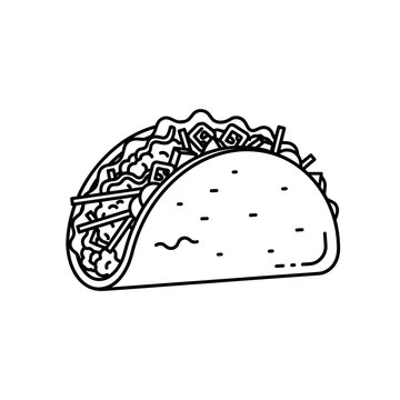 Illustration of a delicious taco filled with various ingredients, viewed from the side, on a clean white background