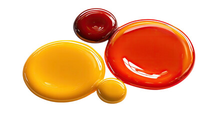 Vibrant, viscous, glossy red, orange, and yellow fluid drops on a deep black surface