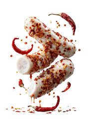 Spicy white food cylinders, heavily coated in vibrant red chili flakes, surrounded by whole chilies
