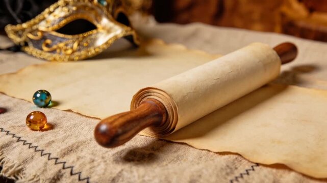 Vintage still life with old paper scroll, a golden mask, and colorful glass marbles