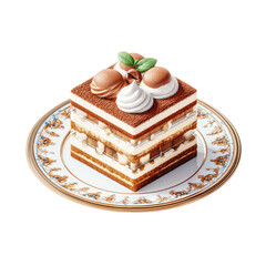 Decadent layered dessert slice with cocoa dust, cream, truffles, mint, ornate plate