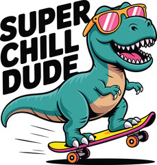 A cartoon dinosaur wearing sunglasses rides a skateboard with a relaxed expression © RaselCreativeWorks