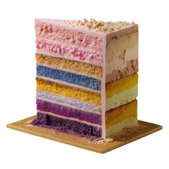 Tall slice of a colorful, multi-layered dessert with distinct cake and frosting textures