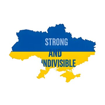 Vector image with a map of the Ukrainian territory inside which it is written "Strong and indivisible" on a white background.