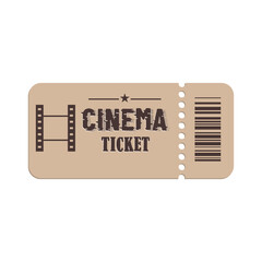 Vintage cinema ticket design with film strip and barcode on aged paper background
