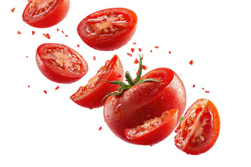 Fresh, wet red tomatoes, whole and sliced, dynamically scattered with red spice flecks