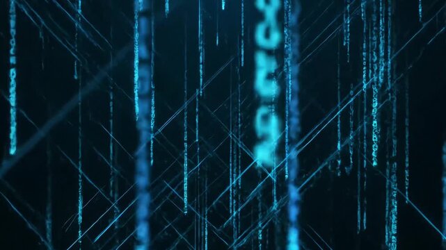 A futuristic digital landscape with cascading code streams and binary data flowing through a dark virtual environment from a cybernetic viewpoint