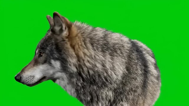 Majestic gray wolf profile on green screen for compositing, side view, portrait, looking left, chroma key, animal shot for creative projects.