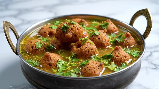 Indian curry dish. traditional regional food. savory kofta soup. cilantro garnish serving. festive dinner plate.