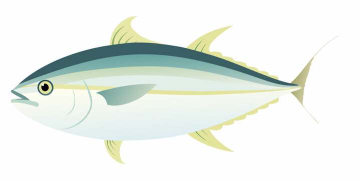 A detailed illustration of a bluefin tuna swimming in a light blue environment