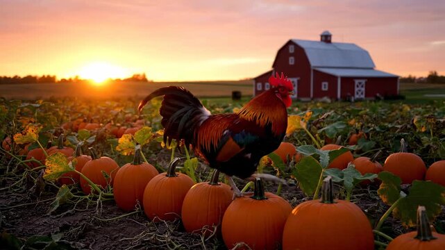 Rooster among pumpkins with red barn in distance, perfect for autumnthemed designs, farmrelated projects, or rural lifestyle illustrations