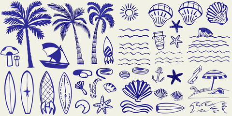 A collection of blue summer themed illustrations palm trees shells and beach items © PabanBiswas