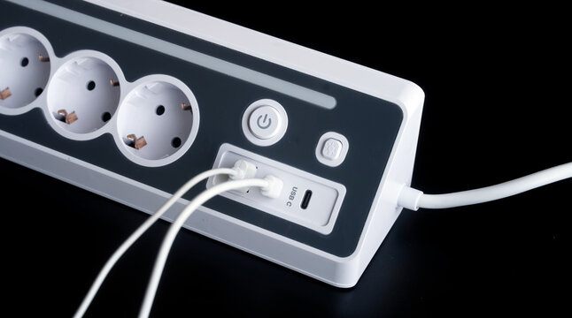 Desktop electrical extension socket with built-in USB charger and connected wires. Multi-outlet adapter for device energy supply and home safety. Photo