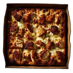 Square deep-dish pizza, golden crust, melted cheese, topped with crispy chicken chunks in a box