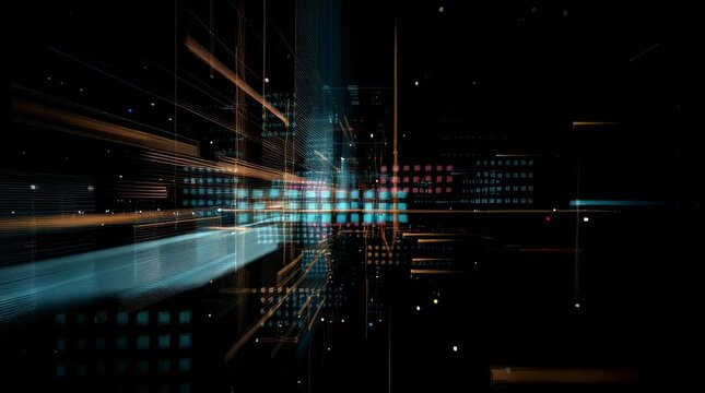 audio-reactive generative abstraction, pixel clusters and square matrices, procedural glitch patterns, flowing signal lines and data streams, dynamic color bursts on black void, algorithmic chaos, tec